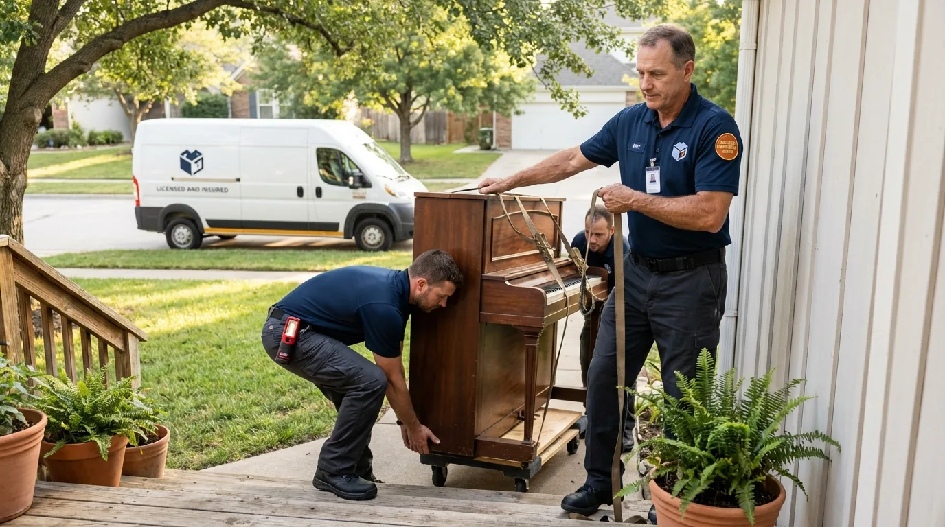 Licensed piano movers securing grand piano in Beaufort, NC