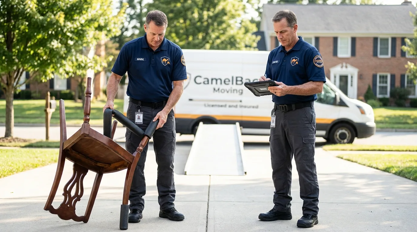 Movers inspecting furniture for damage prevention before loading in Beaufort, NC