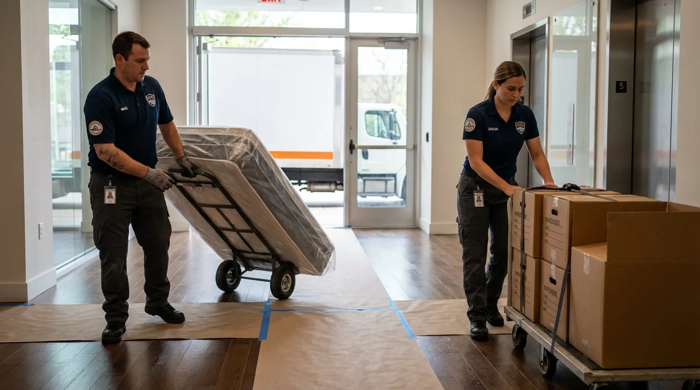 Professional apartment movers loading elevator in Beaufort, NC